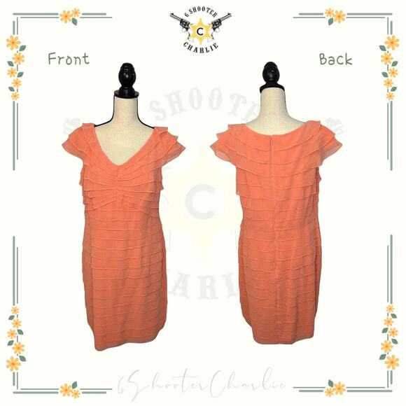 Adrianna Papell Beach Coral Chiffon Shutter Tuck Dress Cap Sleeve Orange Size 14 - Picture 1 of 8